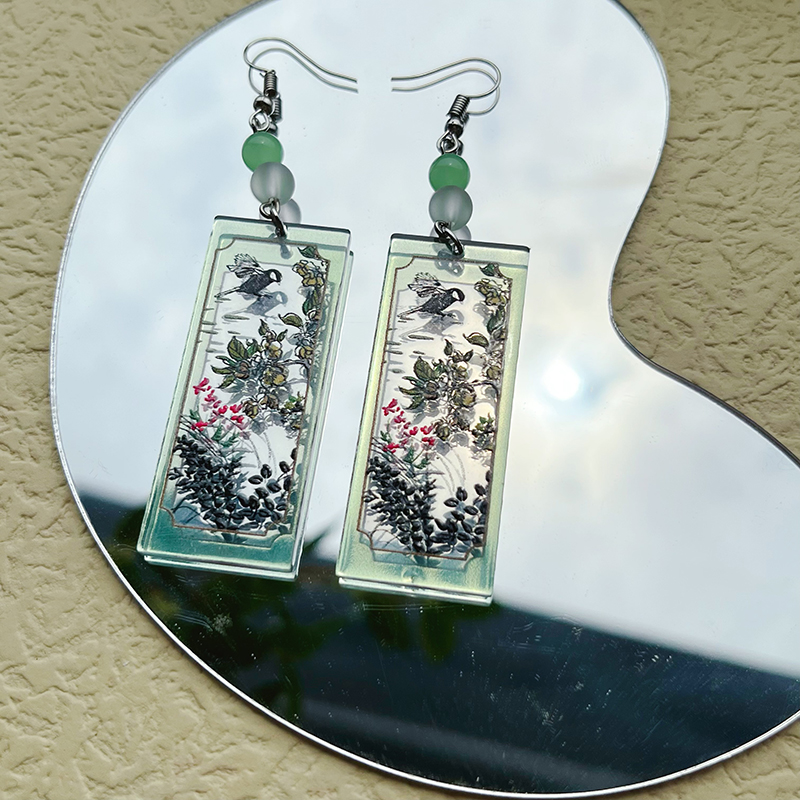 1 Pair Simple Style Commute Bamboo Flower Printing Polishing Arylic Silver Plated Drop Earrings display picture 9