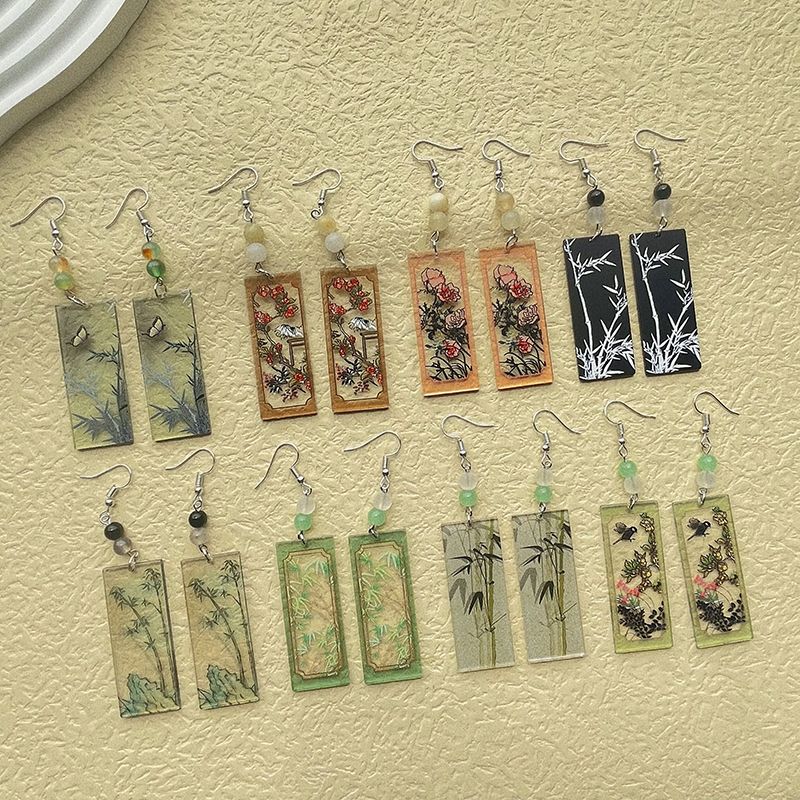 1 Pair Simple Style Commute Bamboo Flower Printing Polishing Arylic Silver Plated Drop Earrings display picture 12