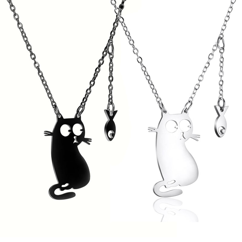 304 Stainless Steel Vacuum Vapor Plating Black Cute Cat Fish Pendant Necklace display picture 2