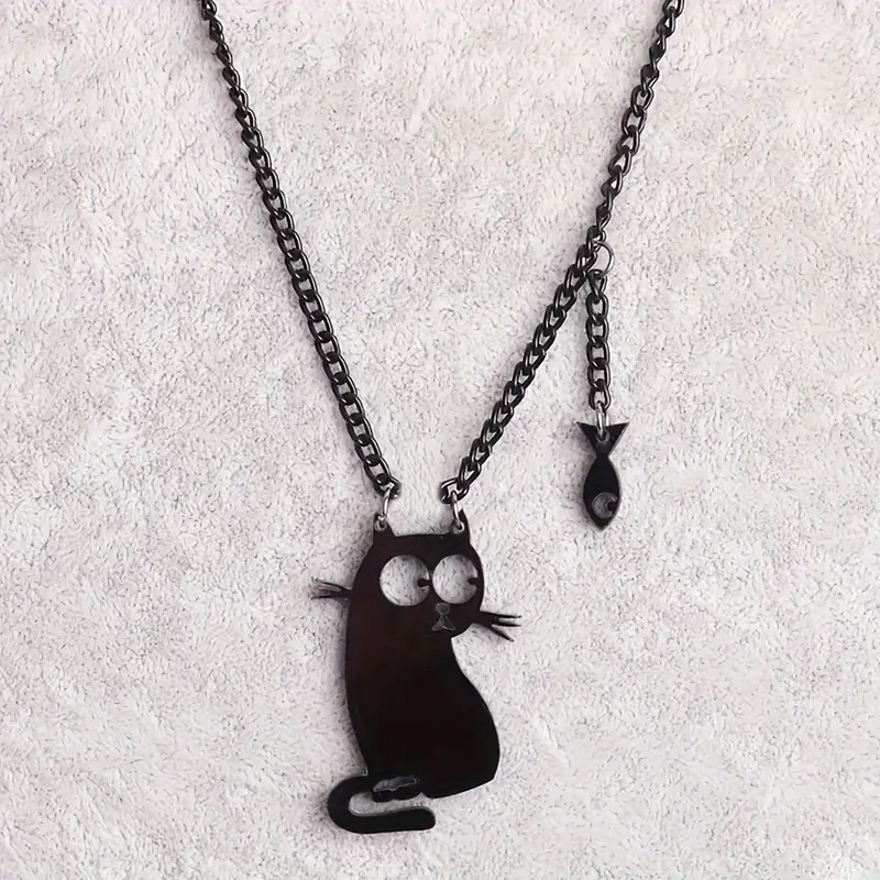 304 Stainless Steel Vacuum Vapor Plating Black Cute Cat Fish Pendant Necklace display picture 6