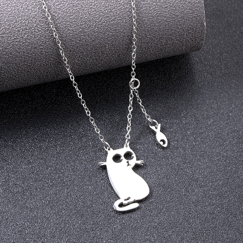 304 Stainless Steel Vacuum Vapor Plating Black Cute Cat Fish Pendant Necklace display picture 7