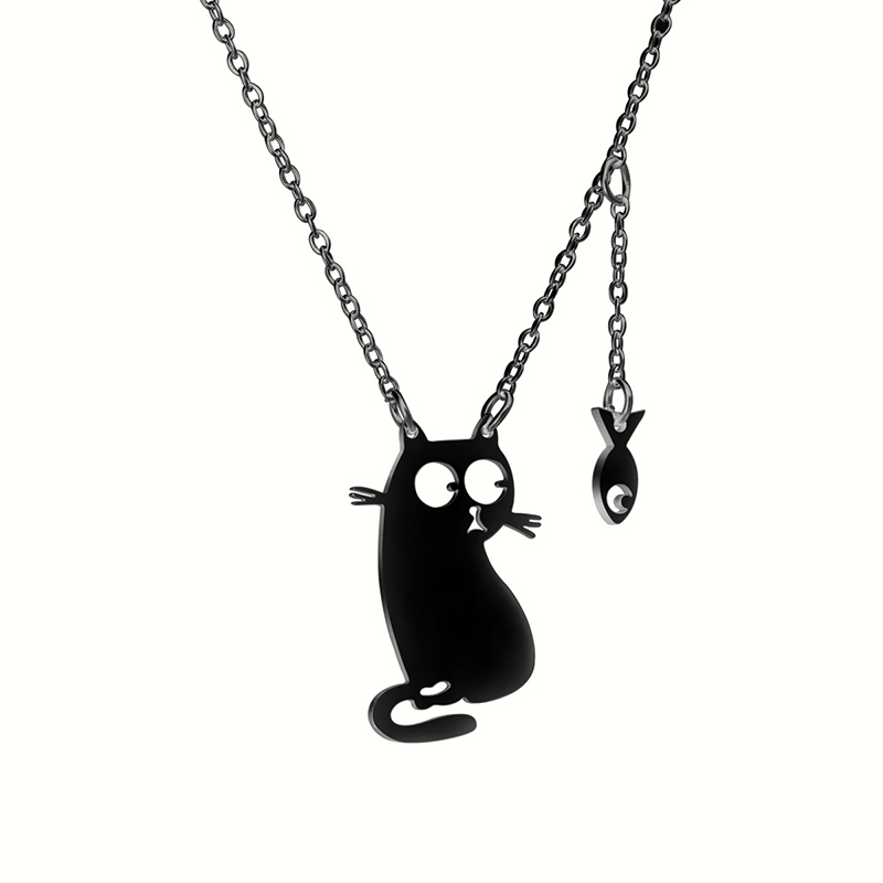 304 Stainless Steel Vacuum Vapor Plating Black Cute Cat Fish Pendant Necklace display picture 3