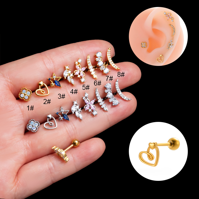 1 Piece Ear Cartilage Rings & Studs Simple Style Classic Style Pentagram Heart Shape Flower 316 Stainless Steel  Copper Plating Inlay Zircon display picture 1
