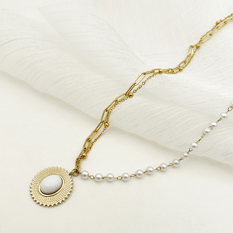 304 Stainless Steel Gold Plated Simple Style Commute Plating Inlay Oval Natural Stone Pearl Necklace display picture 2