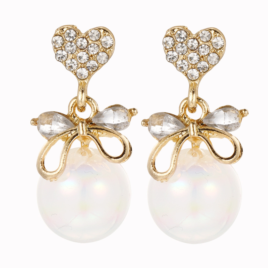 1 Pair Ig Style Sweet Heart Shape Bow Knot Pearl Inlay Alloy Rhinestones Drop Earrings display picture 1