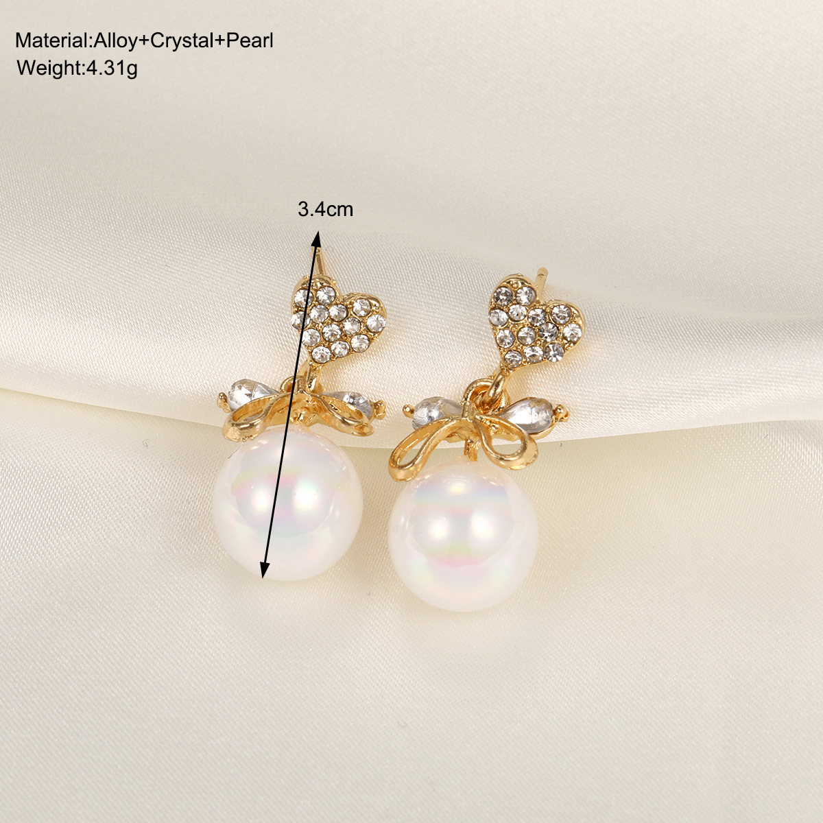 1 Pair Ig Style Sweet Heart Shape Bow Knot Pearl Inlay Alloy Rhinestones Drop Earrings display picture 2