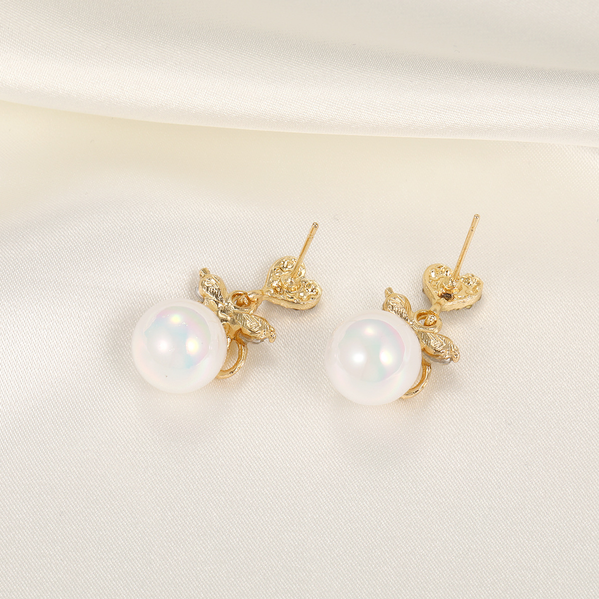 1 Pair Ig Style Sweet Heart Shape Bow Knot Pearl Inlay Alloy Rhinestones Drop Earrings display picture 5
