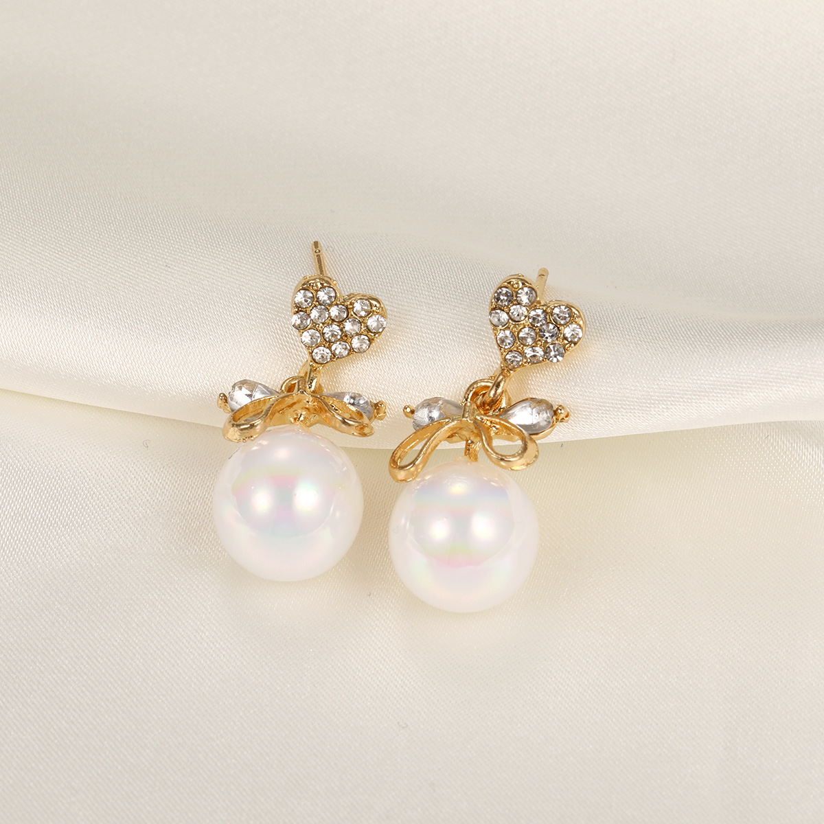 1 Pair Ig Style Sweet Heart Shape Bow Knot Pearl Inlay Alloy Rhinestones Drop Earrings display picture 6