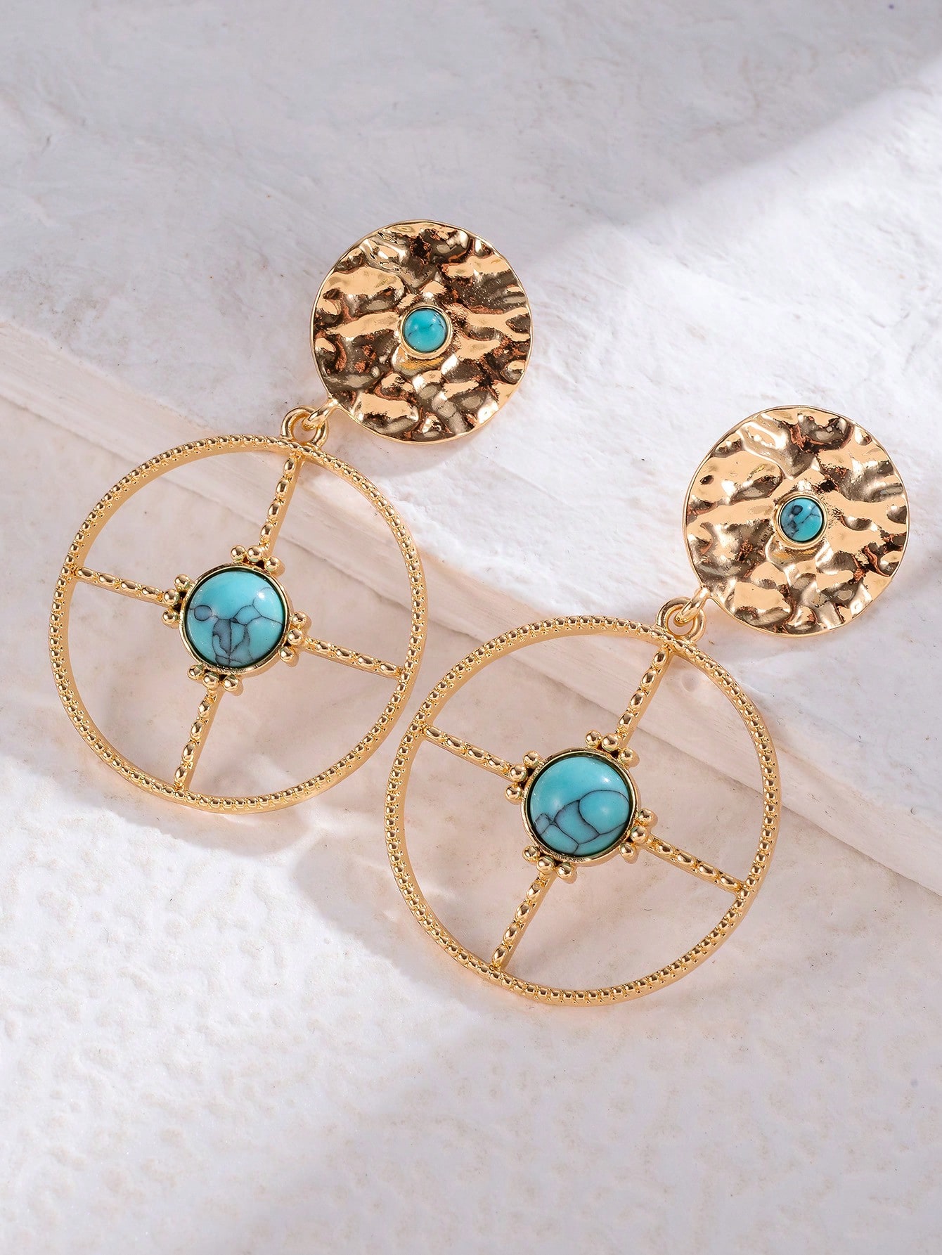 1 Pair Retro Ethnic Style Bohemian Geometric Round Plating Inlay Alloy Turquoise Drop Earrings display picture 5