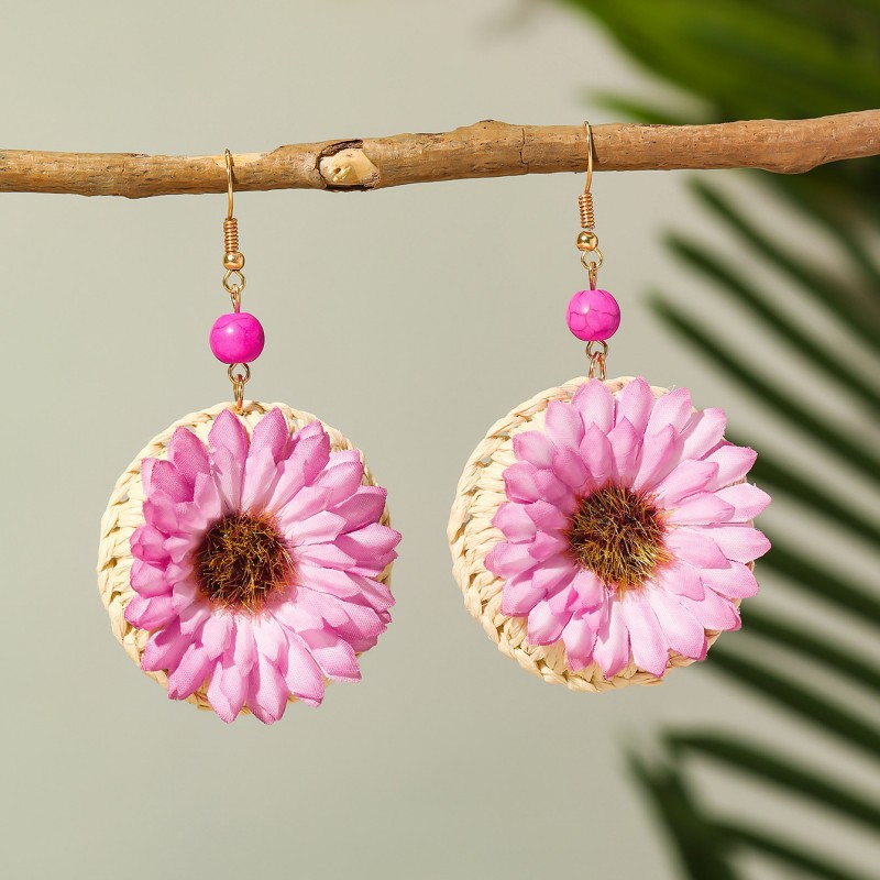 1 Pair Retro Flower Braid Polyester Straw Drop Earrings display picture 2