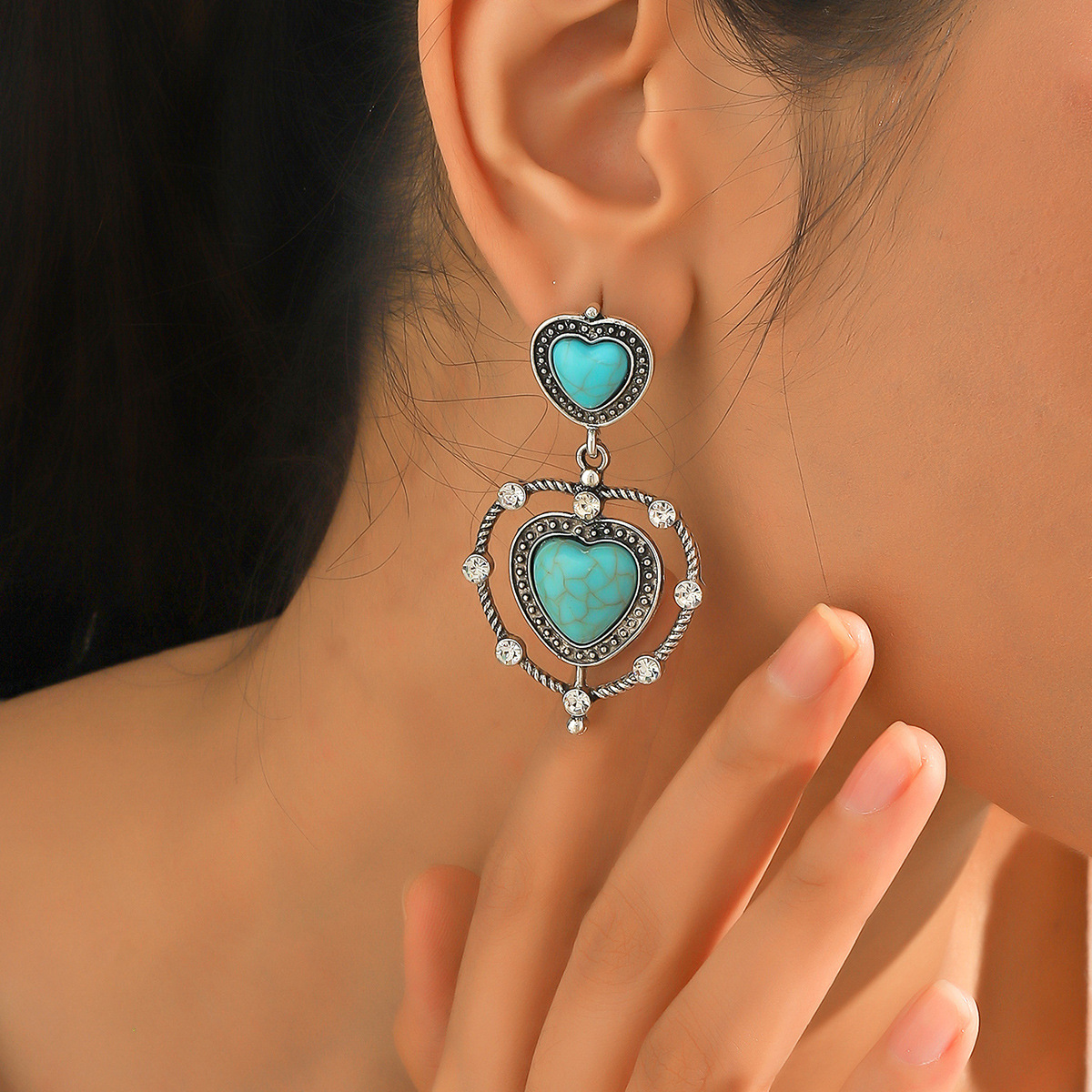 1 Pair Ethnic Style Heart Shape Inlay Alloy Turquoise Drop Earrings display picture 1