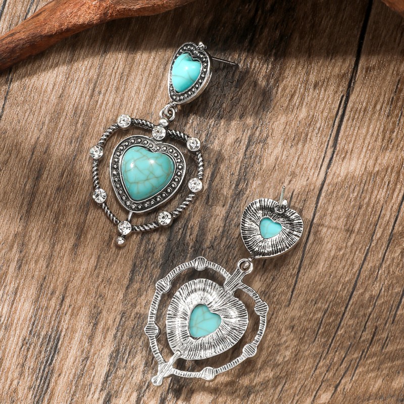 1 Pair Ethnic Style Heart Shape Inlay Alloy Turquoise Drop Earrings display picture 3