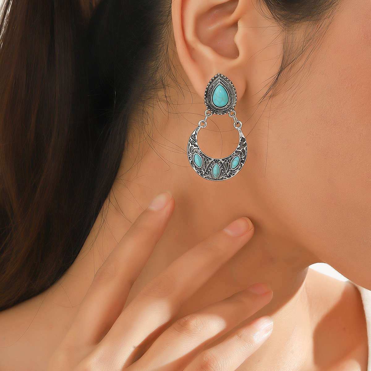 1 Paire Style Ethnique Bloc De Couleur Incruster Alliage Turquoise Boucles D'oreilles display picture 1