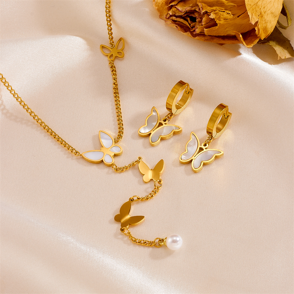 Acero Inoxidable Chapados en oro de 18k Elegante Estilo Simple Enchapado Embutido Mariposa Acrílico Perlas Artificiales Aretes Collar display picture 1