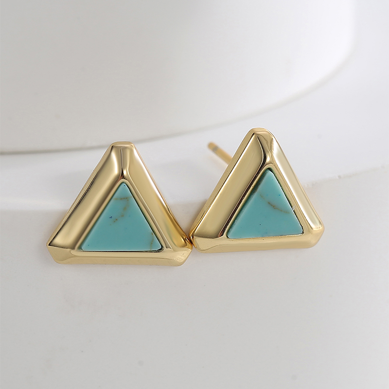 1 Pair Retro Simple Style Triangle Round Oval Plating Inlay Copper Turquoise Agate Tiger Eye 18k Gold Plated Ear Studs display picture 6