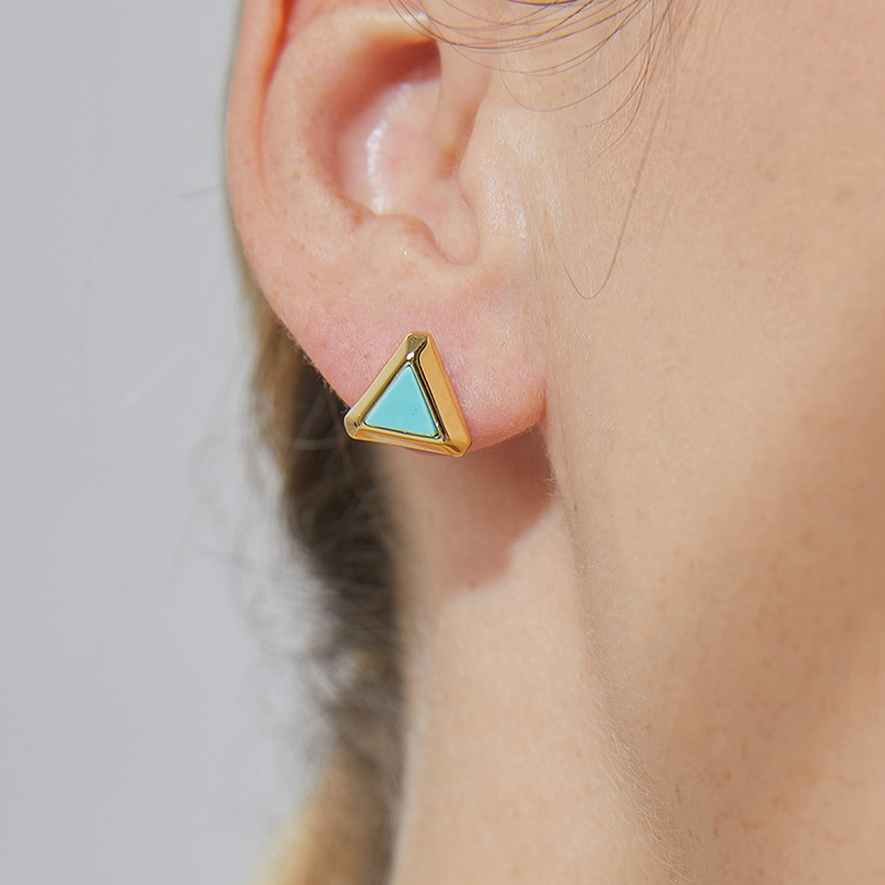 1 Pair Retro Simple Style Triangle Round Oval Plating Inlay Copper Turquoise Agate Tiger Eye 18k Gold Plated Ear Studs display picture 7
