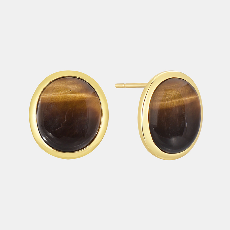 1 Pair Retro Simple Style Triangle Round Oval Plating Inlay Copper Turquoise Agate Tiger Eye 18k Gold Plated Ear Studs display picture 17