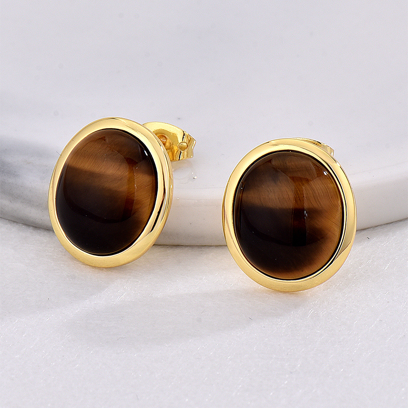 1 Pair Retro Simple Style Triangle Round Oval Plating Inlay Copper Turquoise Agate Tiger Eye 18k Gold Plated Ear Studs display picture 20