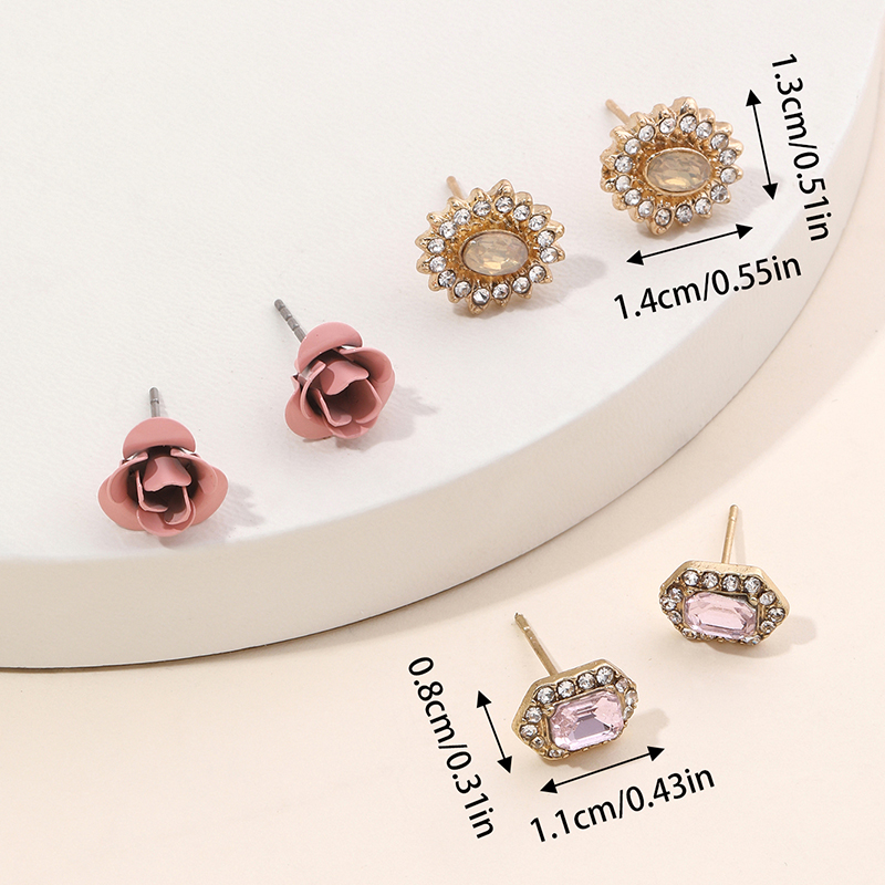 3 Pairs Simple Style Geometric Flower Plating Inlay Alloy Rhinestones Ear Studs display picture 1