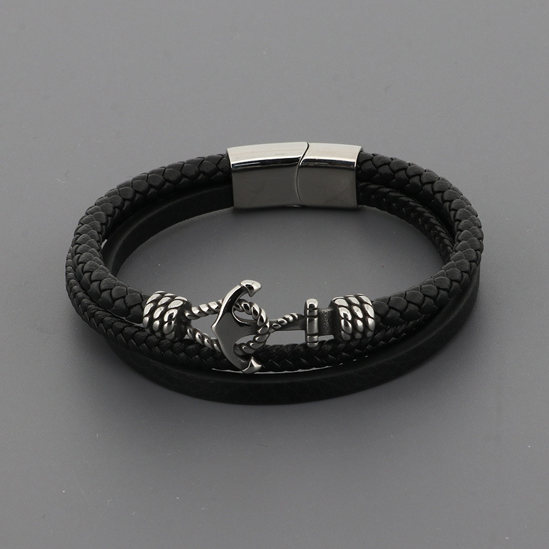 Retro Punk Anchor Pu Leather Titanium Steel Knitting Unisex Wristband display picture 4