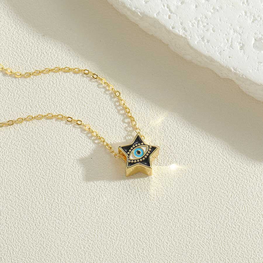 Simple Style Pentagram Devil's Eye Copper Enamel Plating 14k Gold Plated Pendant Necklace display picture 2