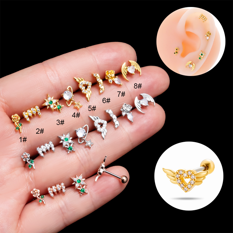 1 Pièce Boucles D'Oreilles Cartilage Style Simple Style Classique Forme De Cœur Ailes Fleur Acier Inoxydable 316 Le Cuivre Placage Incruster Zircon display picture 2