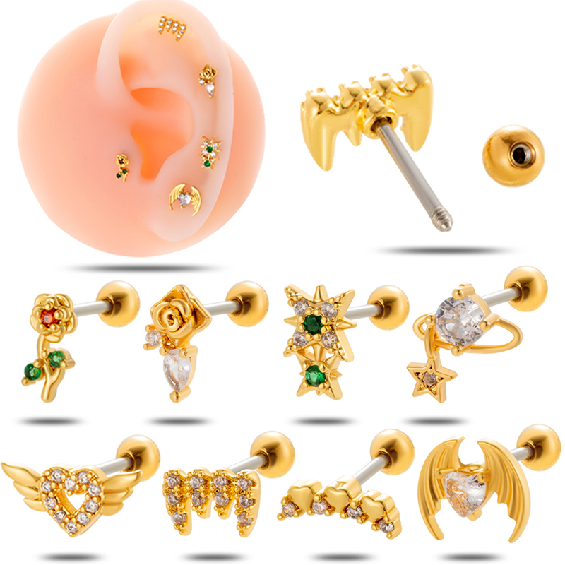 1 Piece Ear Cartilage Rings & Studs Simple Style Classic Style Heart Shape Wings Flower 316 Stainless Steel  Copper Plating Inlay Zircon display picture 1