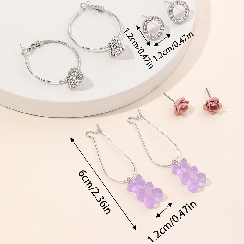 1 Set Lady Bear Heart Shape Flower Plating Inlay Alloy Rhinestones Ear Studs display picture 1