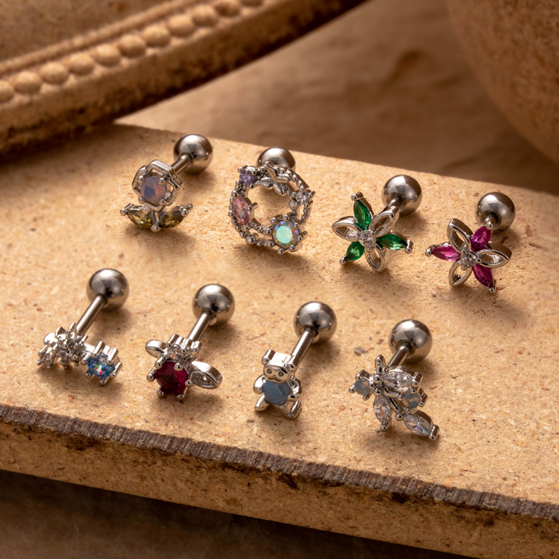 1 Piece Ear Cartilage Rings & Studs Simple Style Classic Style Bear Flower 316 Stainless Steel  Copper Plating Inlay Zircon display picture 4