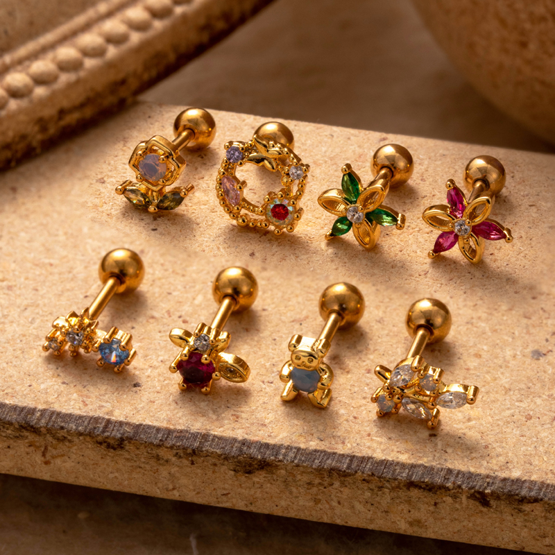 1 Piece Ear Cartilage Rings & Studs Simple Style Classic Style Bear Flower 316 Stainless Steel  Copper Plating Inlay Zircon display picture 2