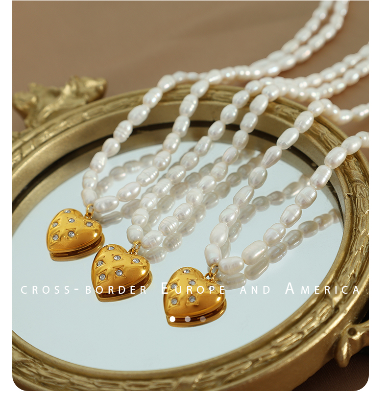 Lady Streetwear Heart Shape Freshwater Pearl Titanium Steel Plating Inlay Rhinestones 18k Gold Plated Women's Earrings Necklace display picture 7