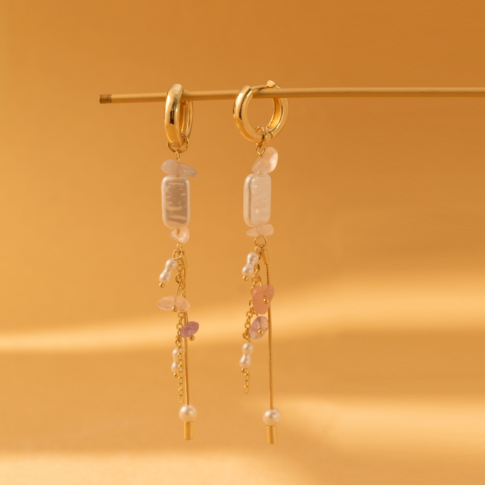 1 Pair Lady Tassel Asymmetrical Beaded Plating Imitation Pearl Natural Stone Copper Drop Earrings display picture 5