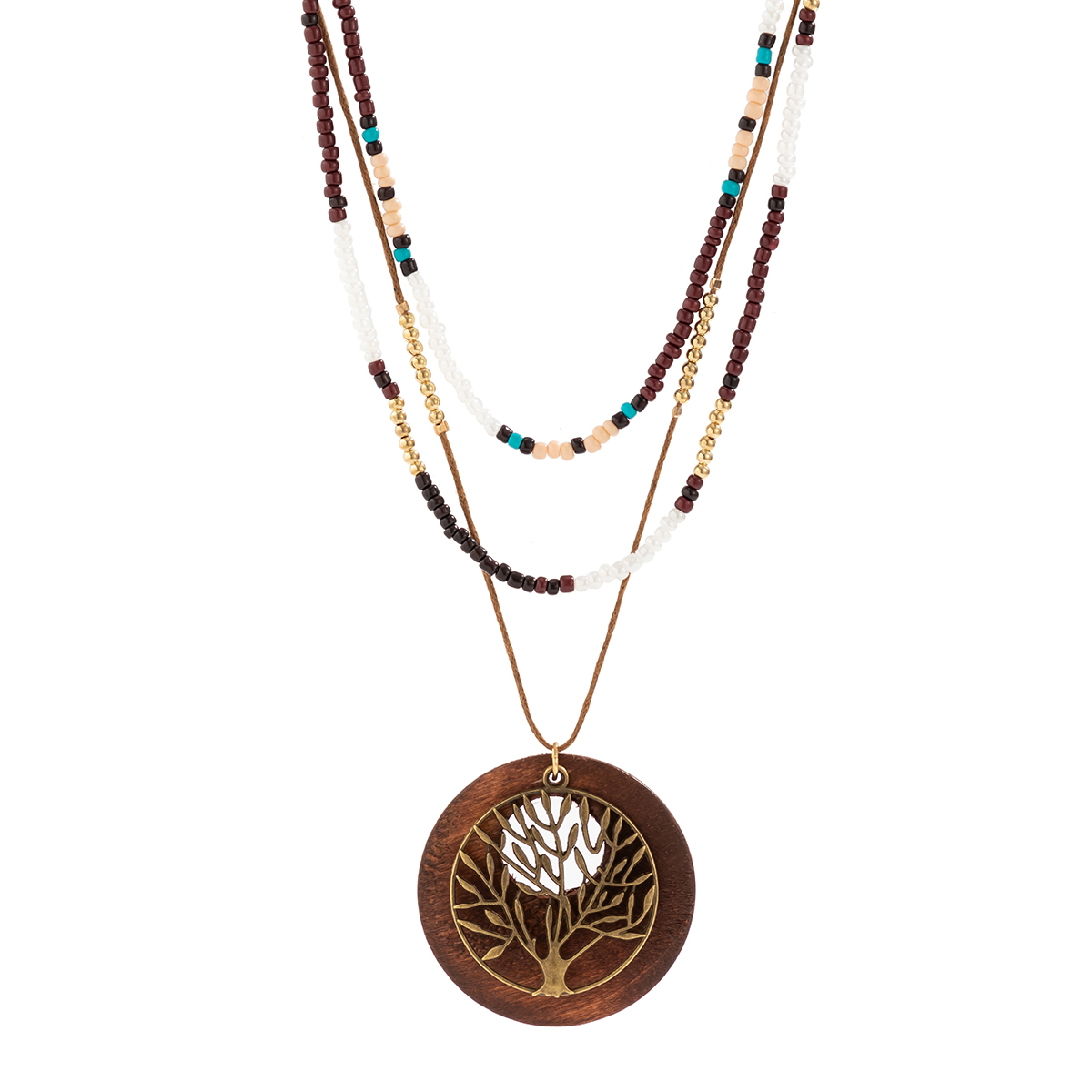 Chinoiserie Retro Vacation Round Tree Leaves Alloy Wood Board Seed Bead Irregular Beaded Tassel Women's Layered Necklaces display picture 4