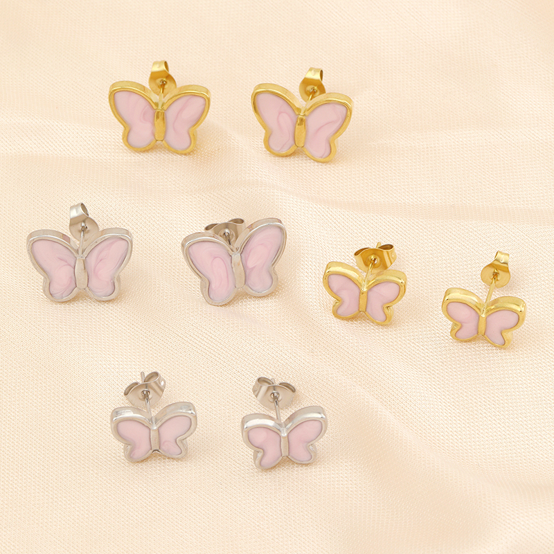 1 Pair Sweet Butterfly Enamel Stainless Steel 18K Gold Plated Ear Studs display picture 9