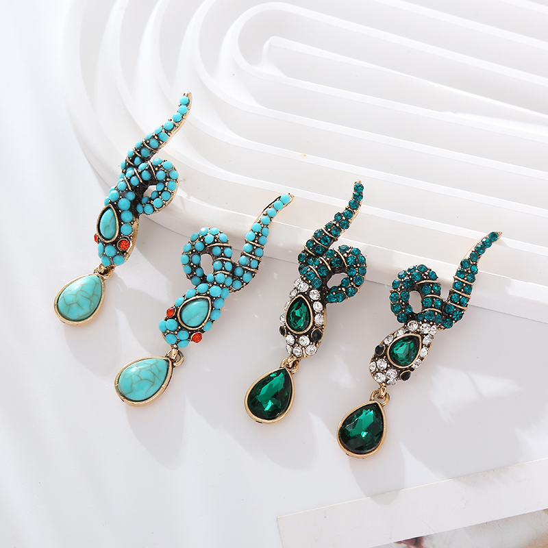 1 Pair Elegant Snake Inlay Alloy Rhinestone Turquoise Rhinestones Drop Earrings display picture 3
