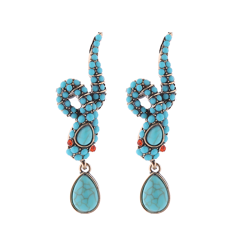 1 Pair Elegant Snake Inlay Alloy Rhinestone Turquoise Rhinestones Drop Earrings display picture 6