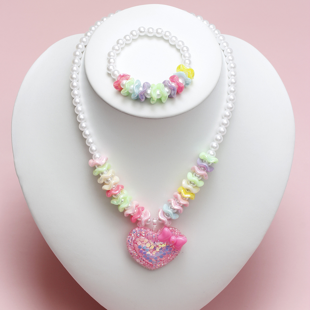 Princess Cute Heart Shape Bow Knot Beaded Arylic Resin Girl's Bracelets Necklace display picture 1
