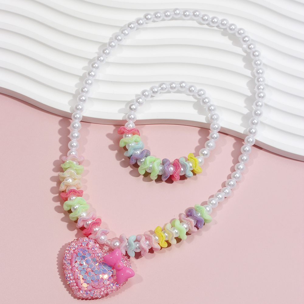 Princess Cute Heart Shape Bow Knot Beaded Arylic Resin Girl's Bracelets Necklace display picture 2
