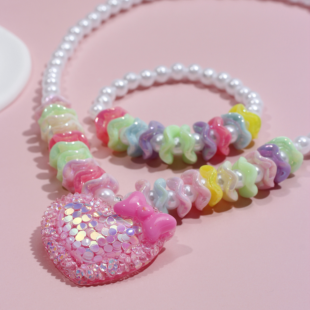 Princess Cute Heart Shape Bow Knot Beaded Arylic Resin Girl's Bracelets Necklace display picture 4