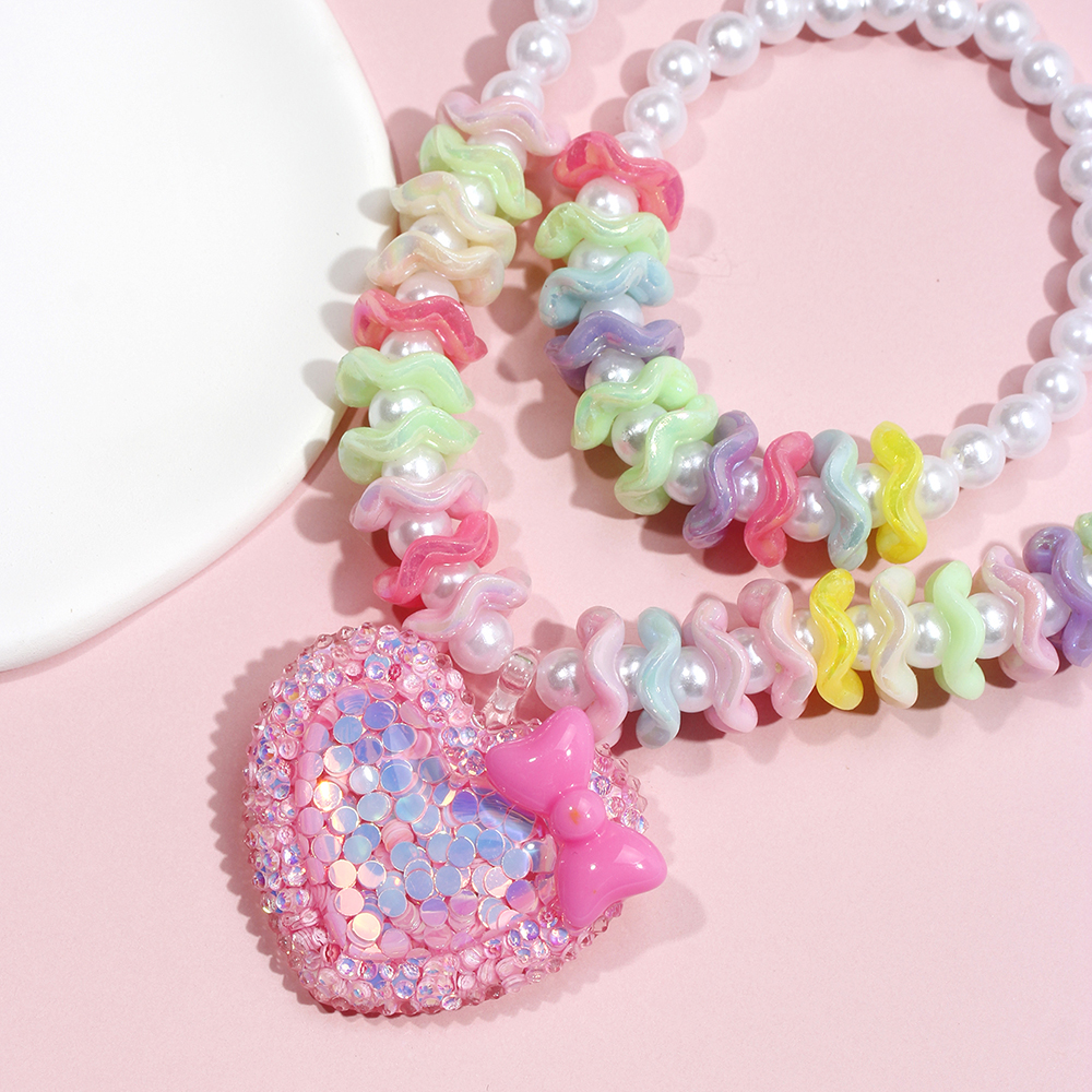 Princess Cute Heart Shape Bow Knot Beaded Arylic Resin Girl's Bracelets Necklace display picture 5