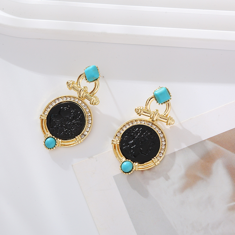 1 Pair Retro Geometric Inlay Alloy Turquoise Rhinestones Drop Earrings display picture 5