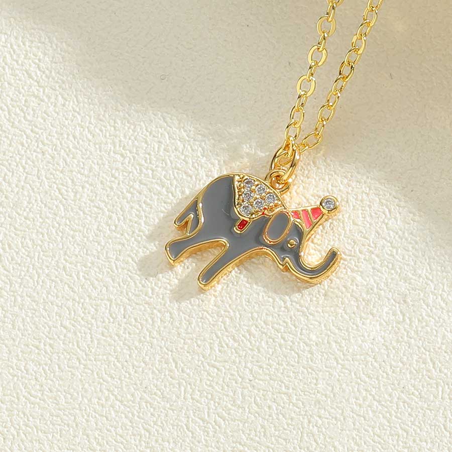 Cute Rabbit Elephant Copper Enamel Plating Inlay Zircon 14k Gold Plated Pendant Necklace display picture 2