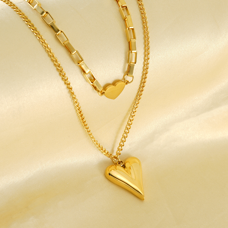 Edelstahl 304 18 Karat Vergoldet Einfacher Stil Überzug Herzform Doppellagige Halsketten display picture 4