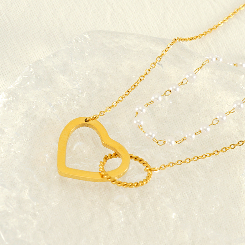 Edelstahl 304 18 Karat Vergoldet Einfacher Stil Perle Überzug Kreis Herzform Doppellagige Halsketten display picture 2