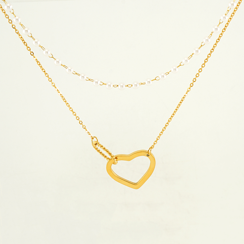 Edelstahl 304 18 Karat Vergoldet Einfacher Stil Perle Überzug Kreis Herzform Doppellagige Halsketten display picture 9