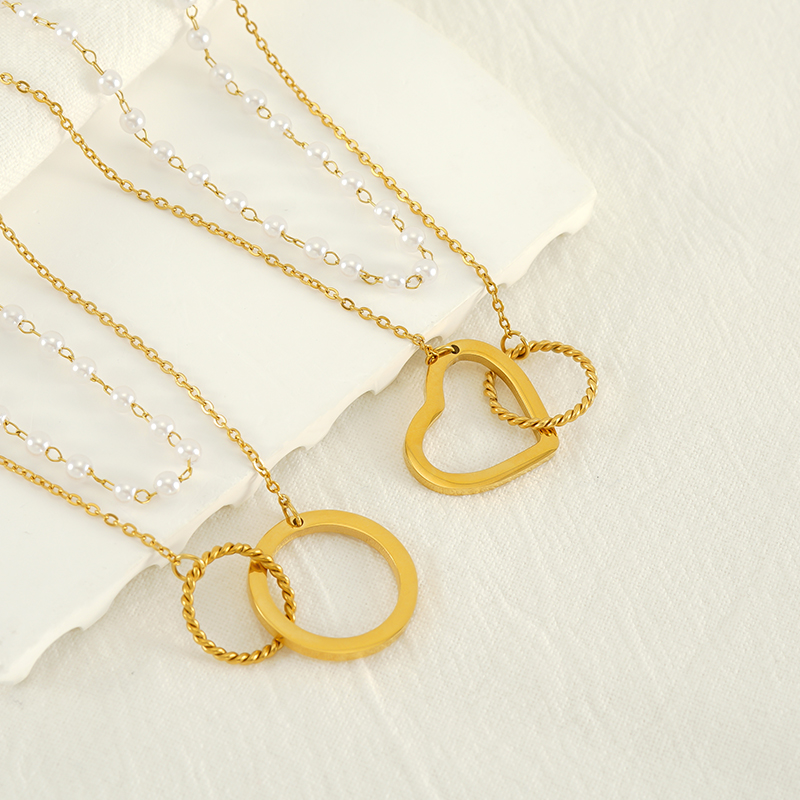 Edelstahl 304 18 Karat Vergoldet Einfacher Stil Perle Überzug Kreis Herzform Doppellagige Halsketten display picture 3