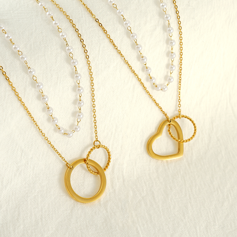 Edelstahl 304 18 Karat Vergoldet Einfacher Stil Perle Überzug Kreis Herzform Doppellagige Halsketten display picture 4