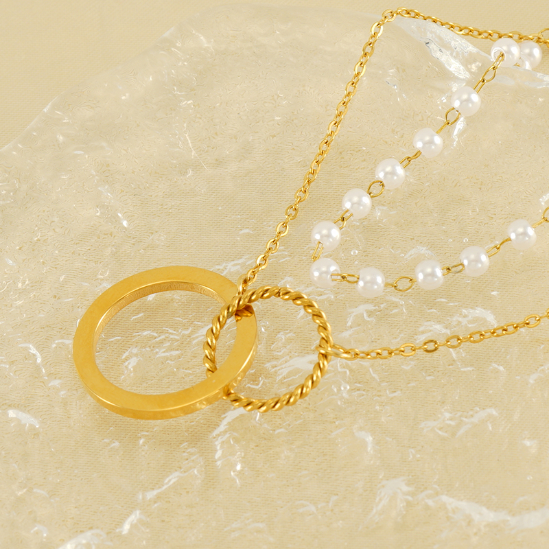 Edelstahl 304 18 Karat Vergoldet Einfacher Stil Perle Überzug Kreis Herzform Doppellagige Halsketten display picture 5