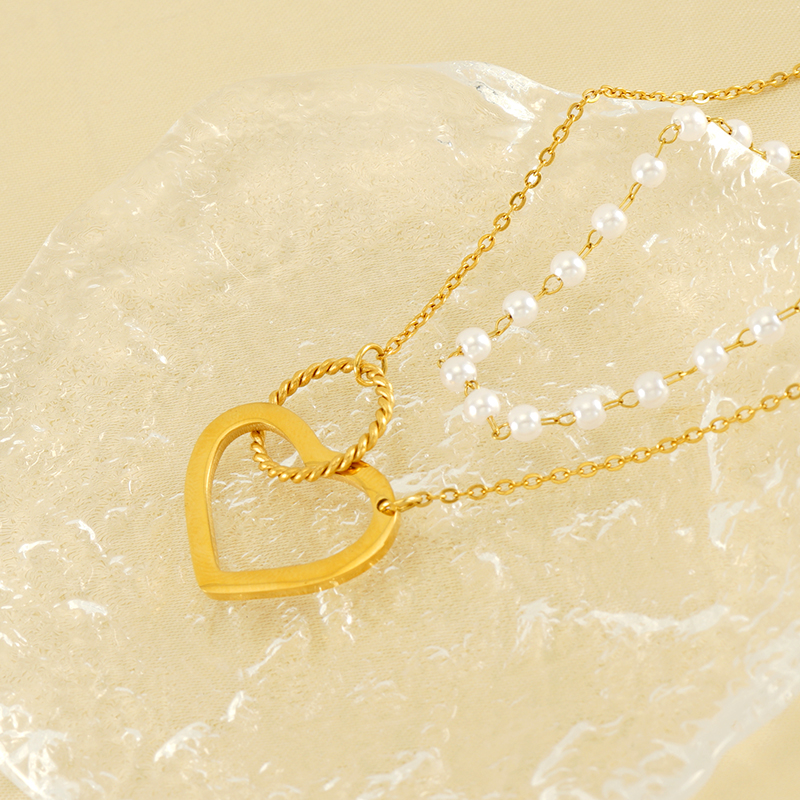 Edelstahl 304 18 Karat Vergoldet Einfacher Stil Perle Überzug Kreis Herzform Doppellagige Halsketten display picture 6