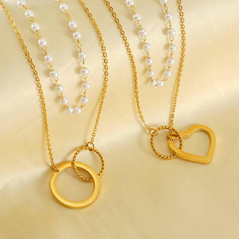 Edelstahl 304 18 Karat Vergoldet Einfacher Stil Perle Überzug Kreis Herzform Doppellagige Halsketten display picture 7
